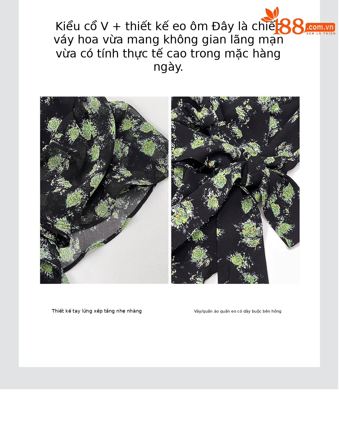 Đầm maxi nữ cổ V họa tiết hoa nhí, tay viền lá sen, thắt eo — xanh lá cây chi tiết 9