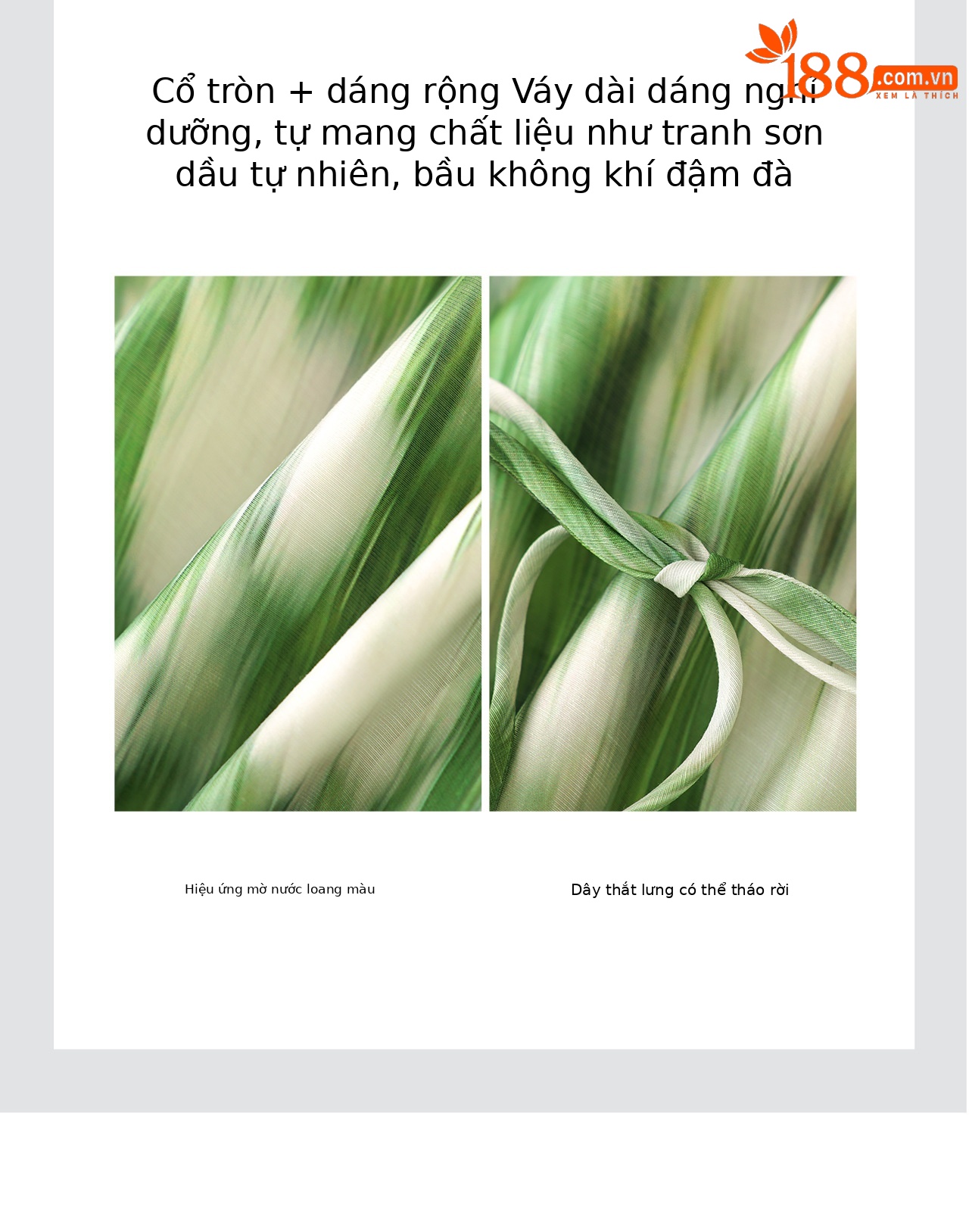 Đầm maxi nữ họa tiết mực nhuộm thắt eo phong cách nghỉ dưỡng — xanh lá cây chi tiết 9
