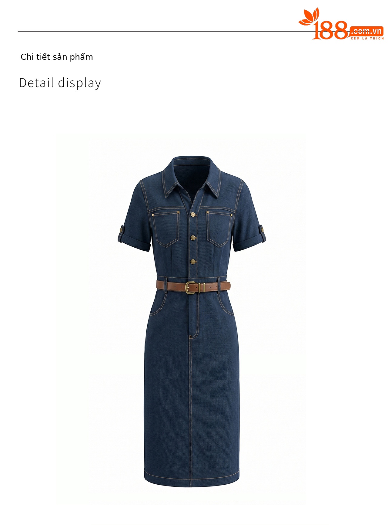 Đầm denim nữ cổ V eo cao tay ngắn dáng ôm — xanh lam chi tiết 16
