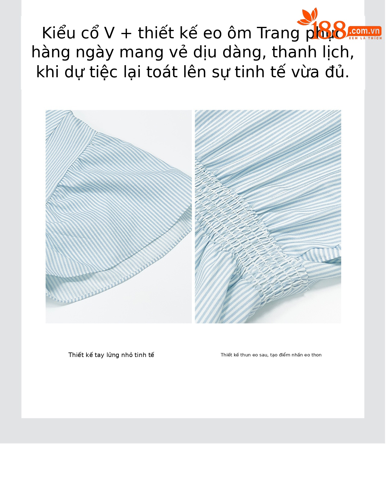 Đầm nữ cổ chữ V tay lá sen sọc kẻ thanh lịch — xanh lam chi tiết 9