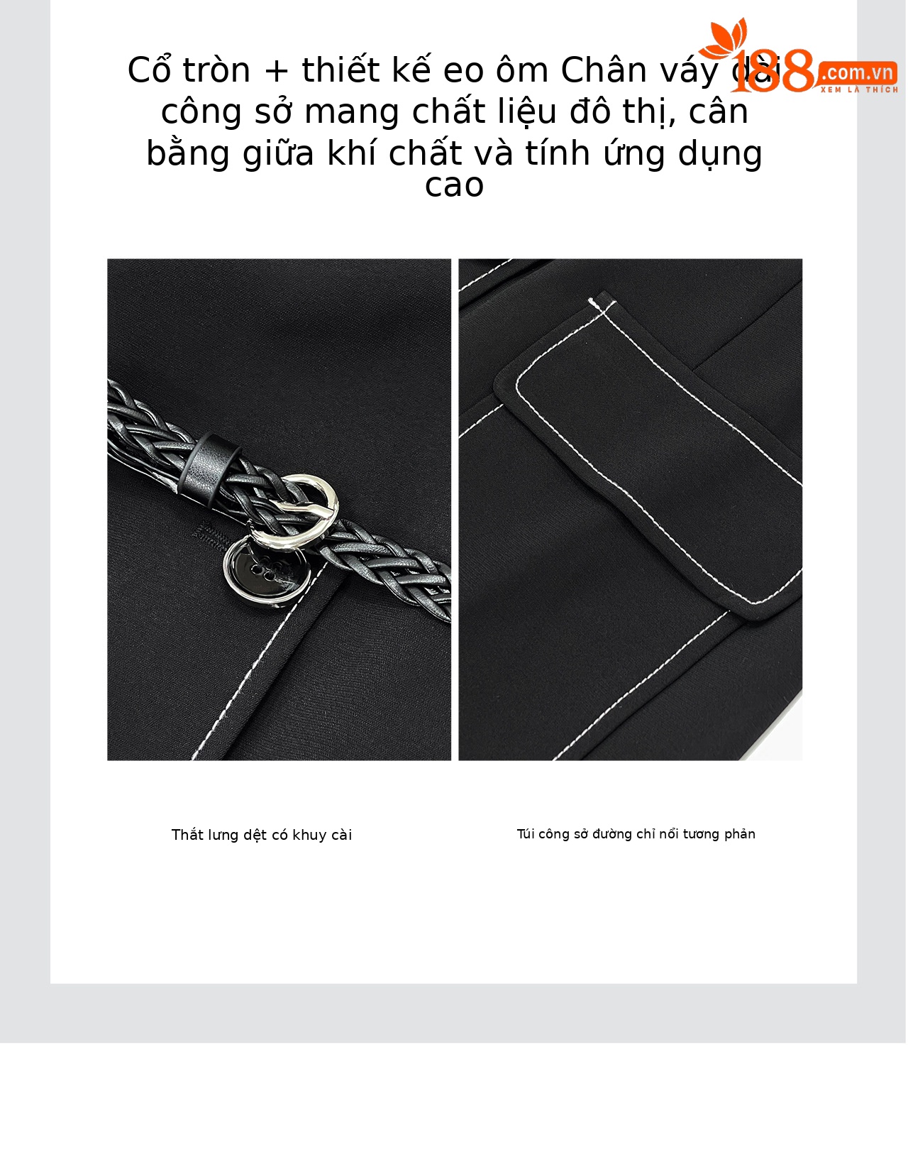 Đầm suông midi thắt eo phong cách Pháp thanh lịch — màu đen chi tiết 9