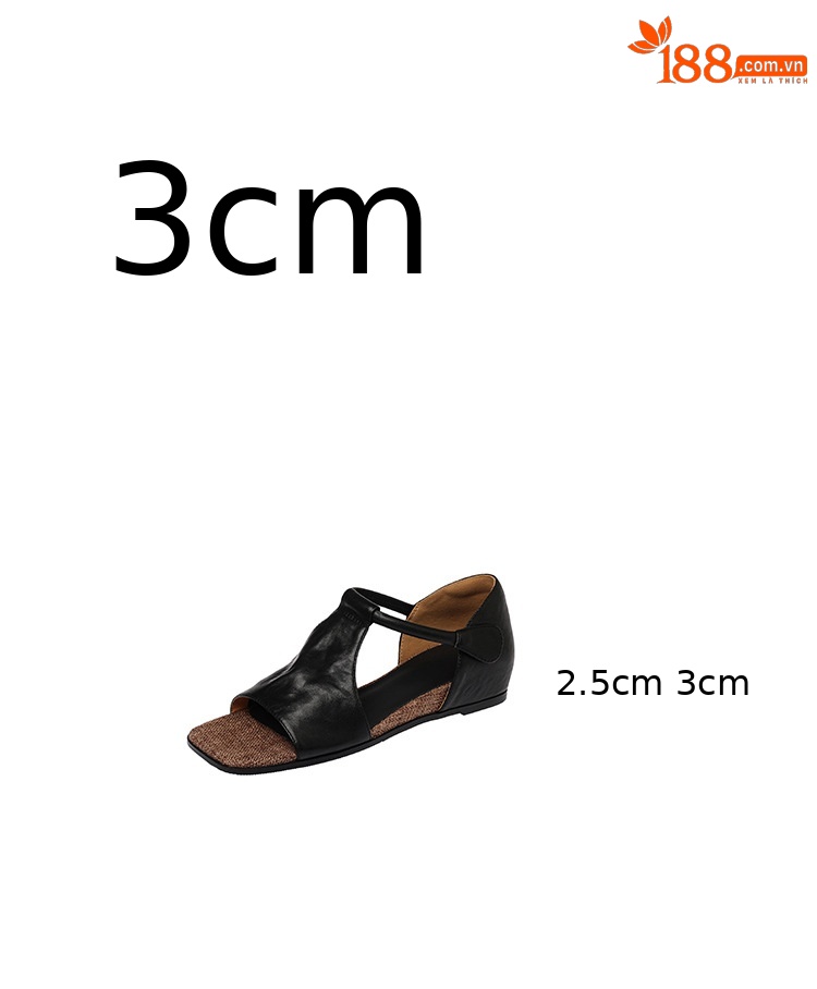 Sandal hở mũi nữ quai mảnh đế bệt mũi vuông da bò thật — đen chi tiết 2