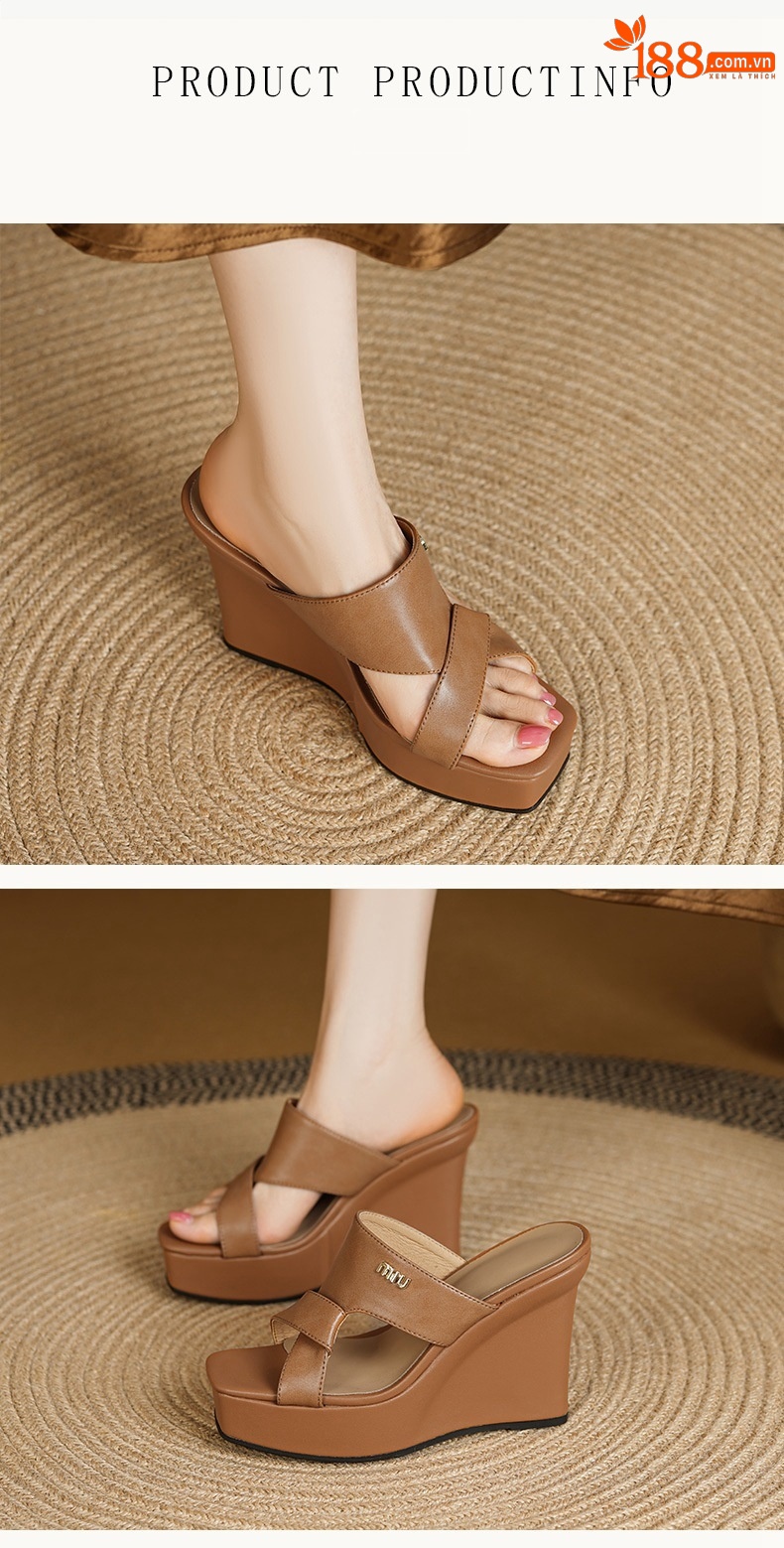 Sandal nữ hở mũi da bò đế xuồng cao gót mùa hè phong cách Âu Mỹ — màu nâu chi tiết 2