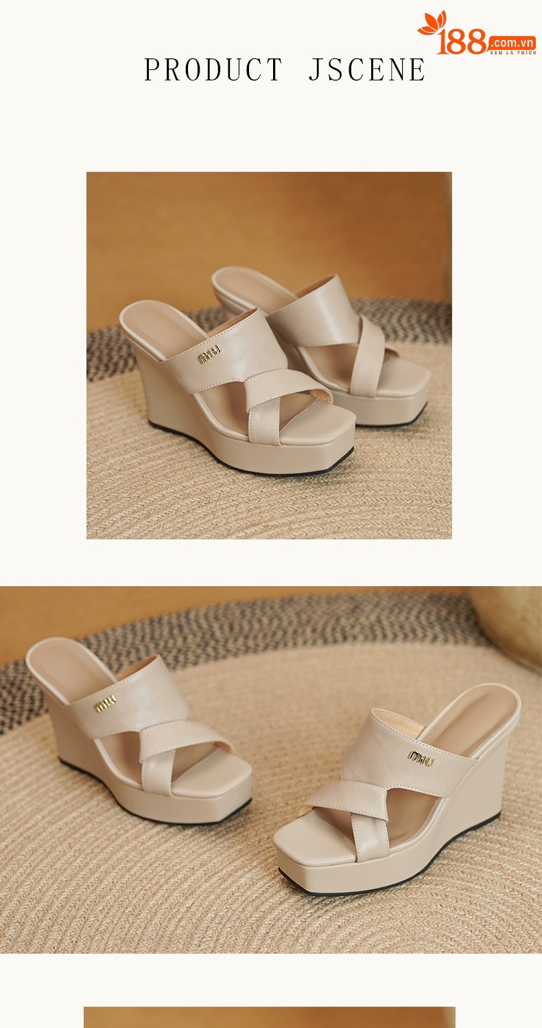 Sandal nữ hở mũi da bò đế xuồng cao gót mùa hè phong cách Âu Mỹ — màu nâu chi tiết 5