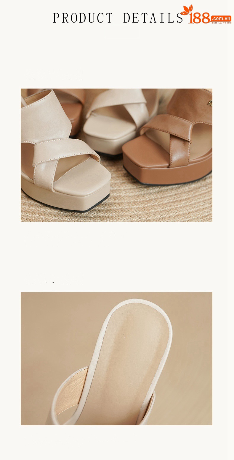 Sandal nữ hở mũi da bò đế xuồng cao gót mùa hè phong cách Âu Mỹ — màu nâu chi tiết 7
