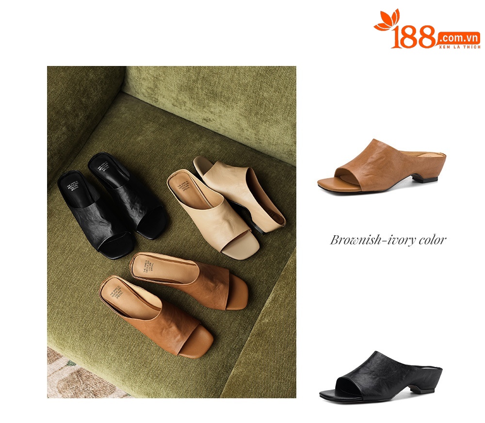 Sandal nữ da bò quai ngang gót thấp hở mũi phong cách Hàn Quốc — đen chi tiết 3