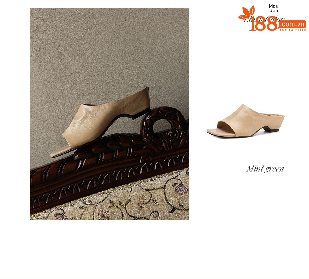 Sandal nữ da bò quai ngang gót thấp hở mũi phong cách Hàn Quốc — đen chi tiết 4