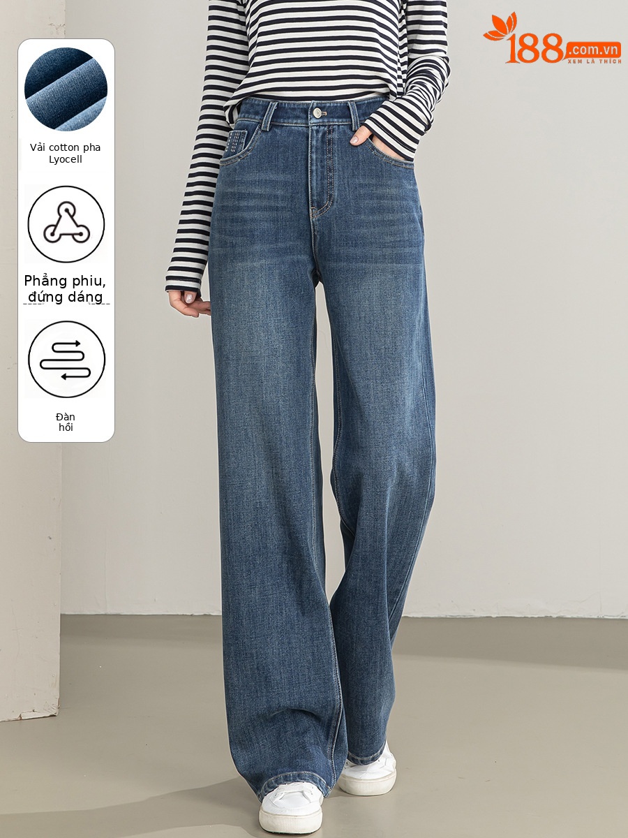 Quần jean nữ ống rộng cạp cao chất liệu tencel co giãn 4 chiều — xanh lam