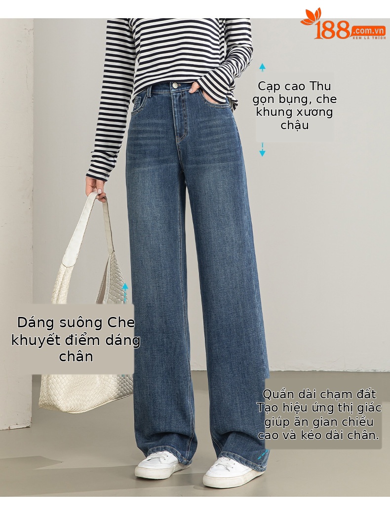 Quần jean nữ ống rộng cạp cao chất liệu tencel co giãn 4 chiều — xanh lam chi tiết 5