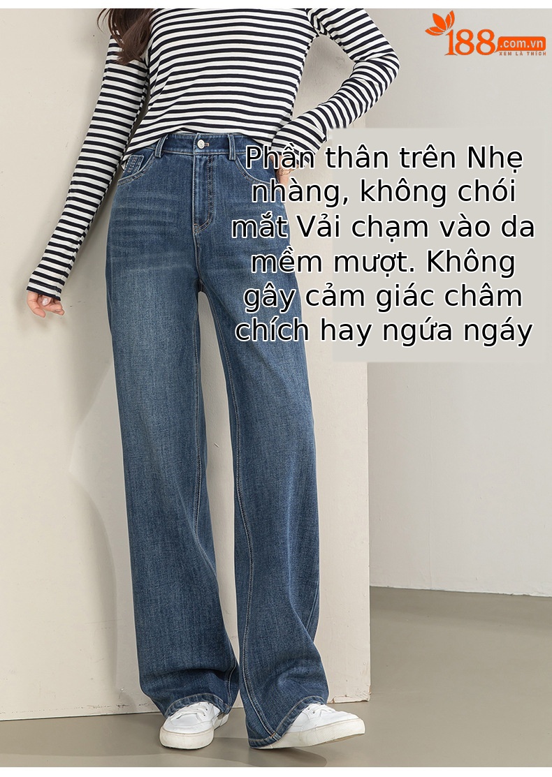 Quần jean nữ ống rộng cạp cao chất liệu tencel co giãn 4 chiều — xanh lam chi tiết 7