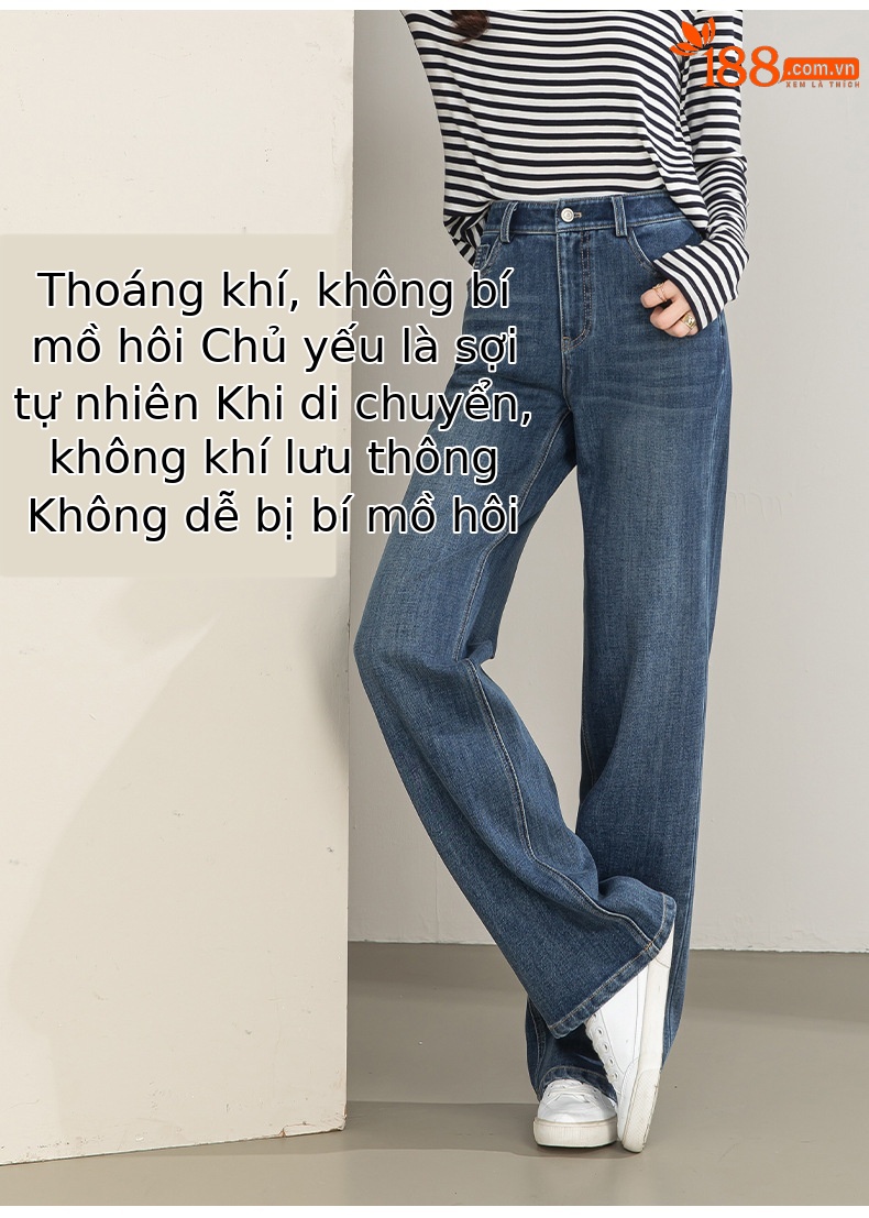 Quần jean nữ ống rộng cạp cao chất liệu tencel co giãn 4 chiều — xanh lam chi tiết 8