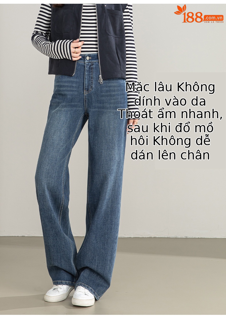 Quần jean nữ ống rộng cạp cao chất liệu tencel co giãn 4 chiều — xanh lam chi tiết 9