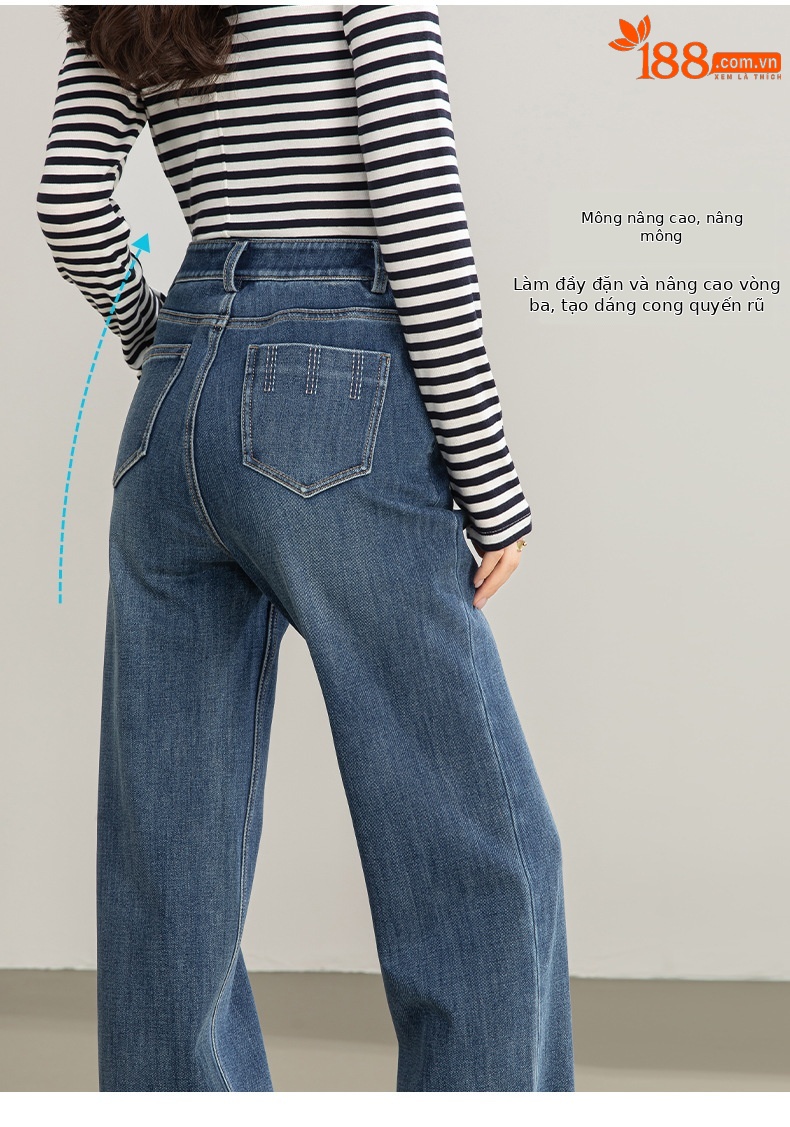 Quần jean nữ ống rộng cạp cao chất liệu tencel co giãn 4 chiều — xanh lam chi tiết 12