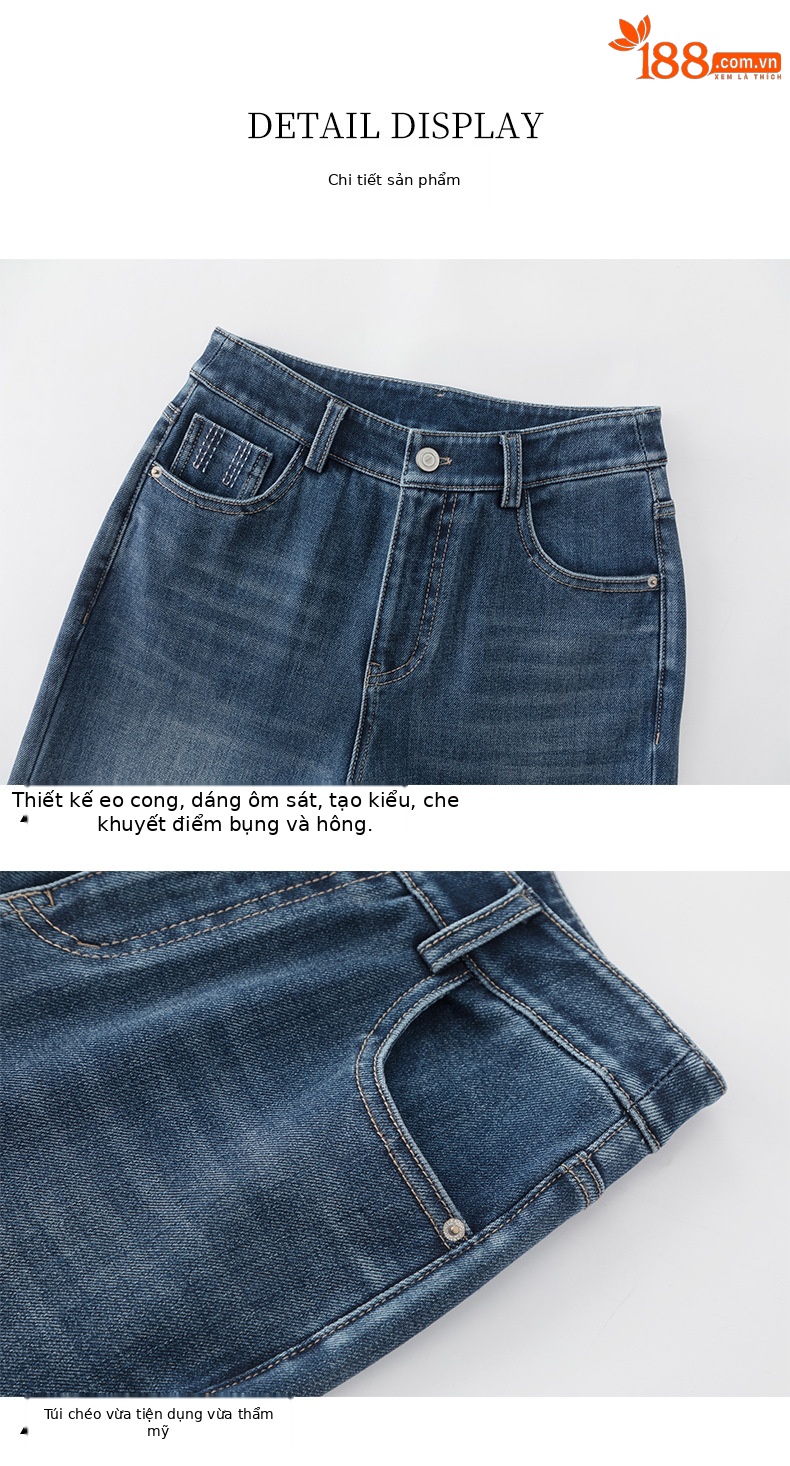 Quần jean nữ ống rộng cạp cao chất liệu tencel co giãn 4 chiều — xanh lam chi tiết 13