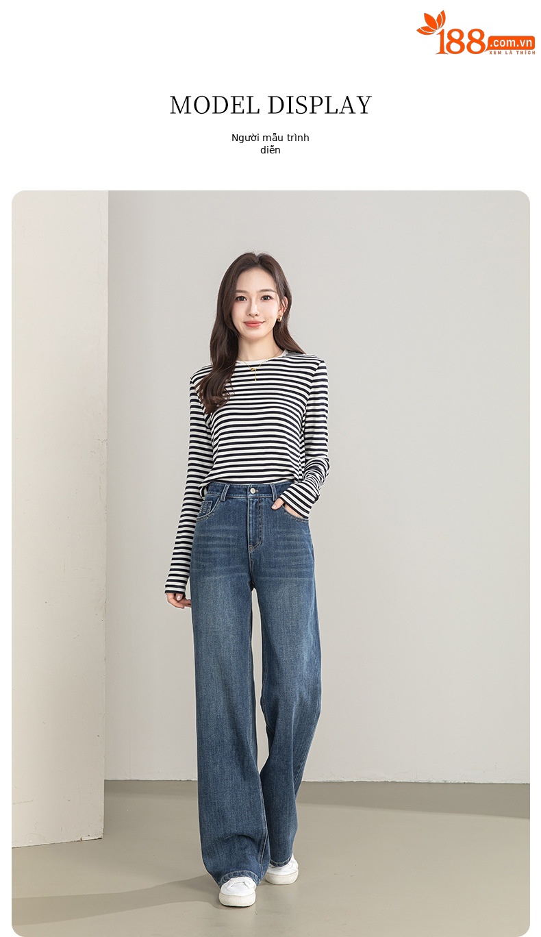 Quần jean nữ ống rộng cạp cao chất liệu tencel co giãn 4 chiều — xanh lam chi tiết 17