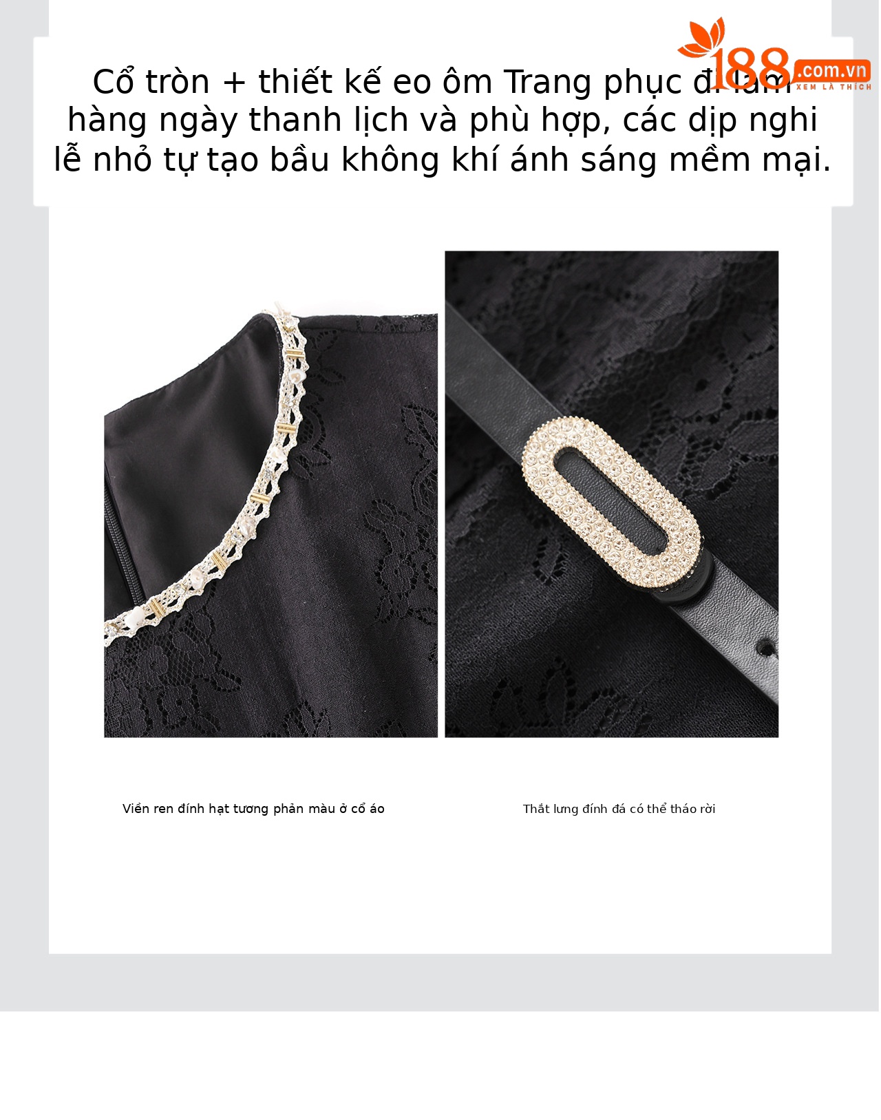 Đầm suông nữ midi thắt eo ren đính đá jacquard chữ A — màu đen chi tiết 9