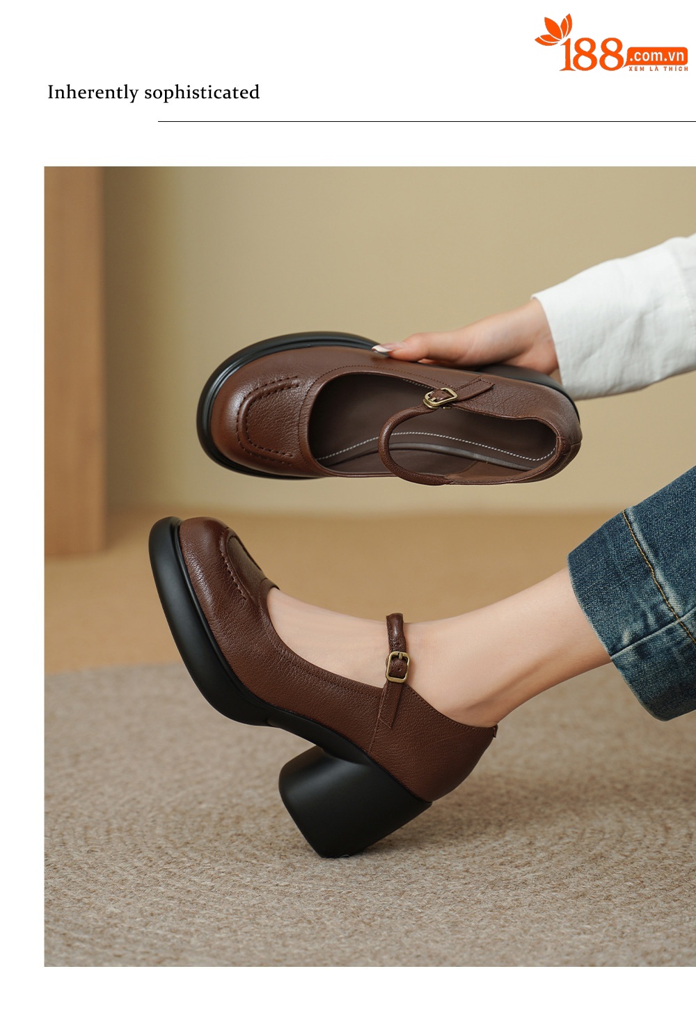 Giày Mary Jane nữ đế dày gót thô 8 cm, da dê mềm, quai ngang khóa — màu nâu chi tiết 3