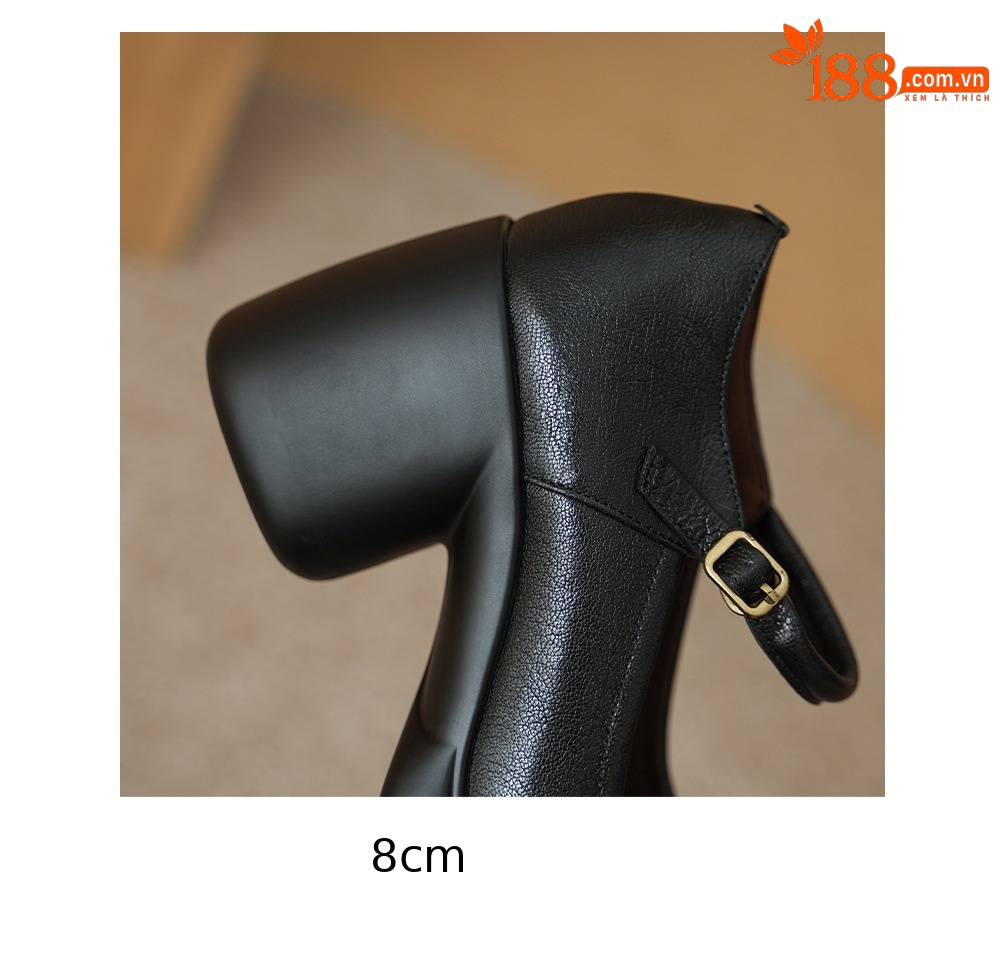 Giày Mary Jane nữ đế dày gót thô 8 cm, da dê mềm, quai ngang khóa — màu nâu chi tiết 18