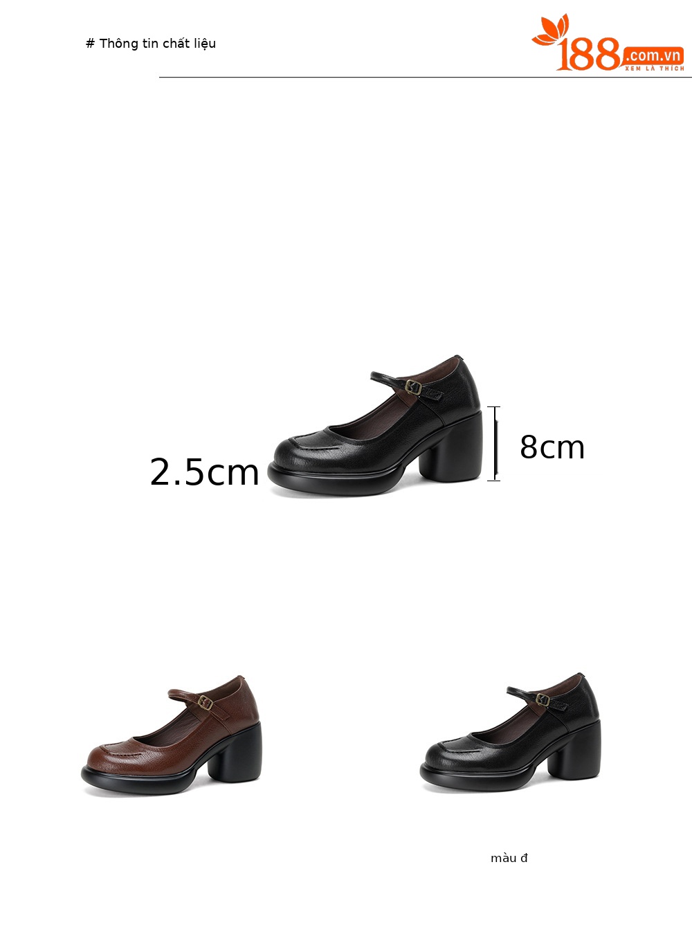 Giày Mary Jane nữ đế dày gót thô 8 cm, da dê mềm, quai ngang khóa — màu nâu chi tiết 2
