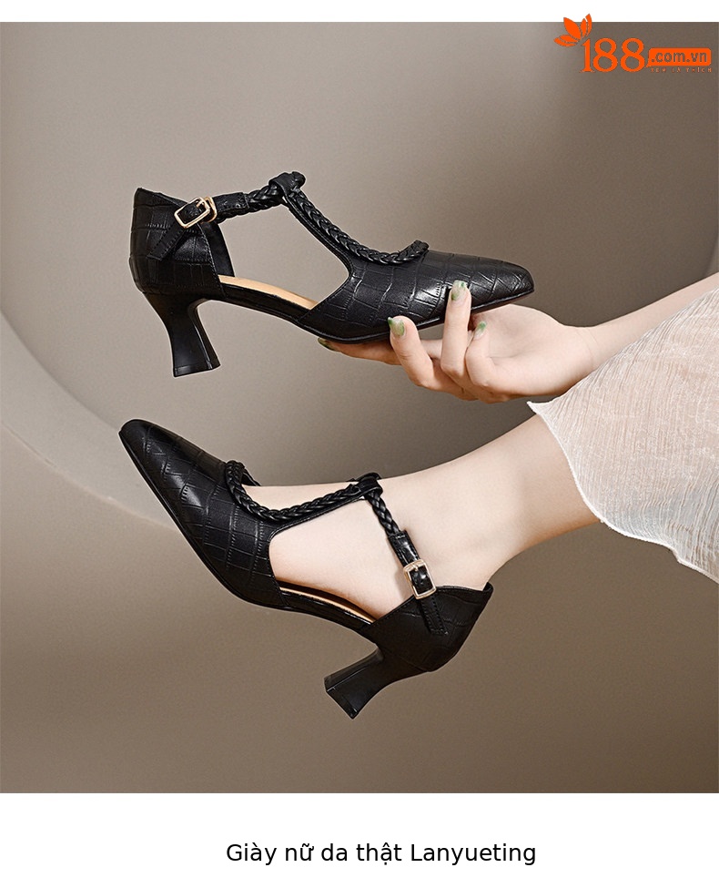 Giày sandal cao gót nữ mũi nhọn quai ngang da thật gót 7 cm — Màu đen - 7cm chi tiết 4