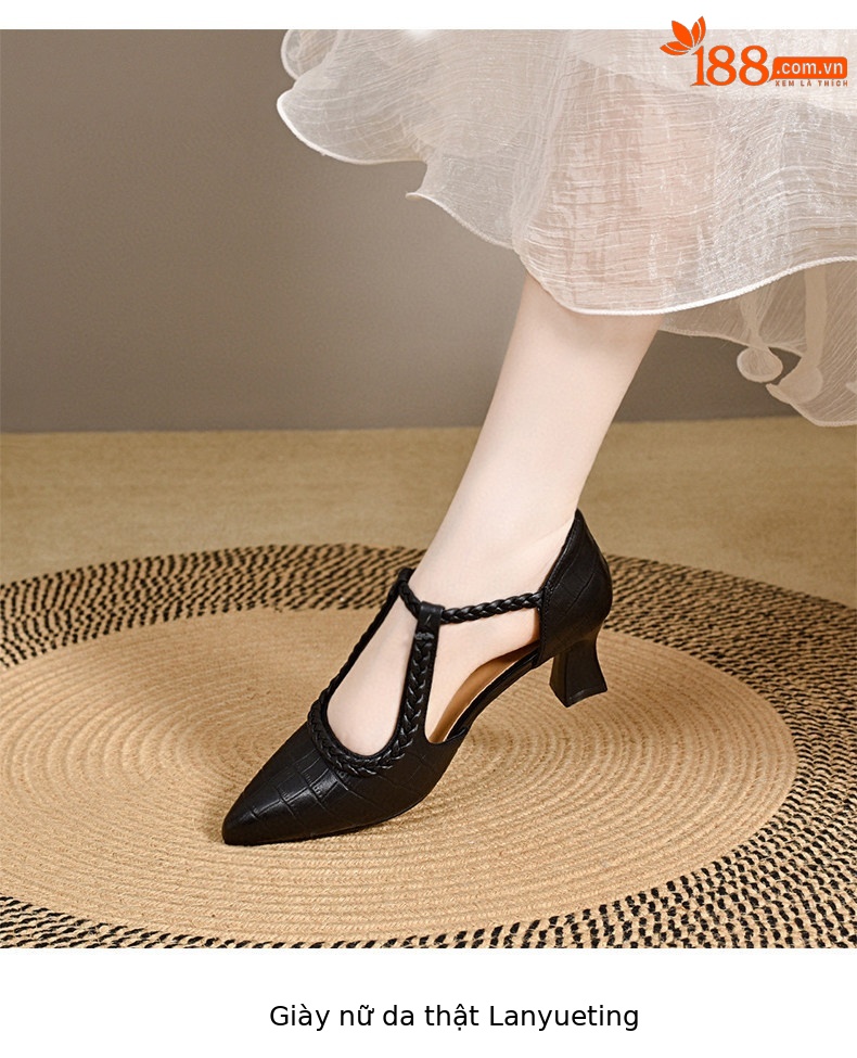 Giày sandal cao gót nữ mũi nhọn quai ngang da thật gót 7 cm — Màu đen - 7cm chi tiết 5