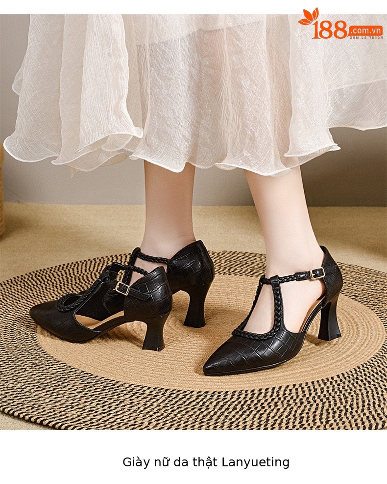 Giày sandal cao gót nữ mũi nhọn quai ngang da thật gót 7 cm — Màu đen - 7cm chi tiết 6
