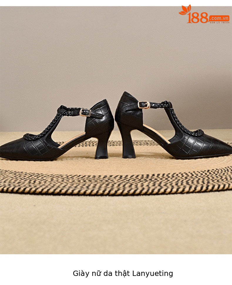 Giày sandal cao gót nữ mũi nhọn quai ngang da thật gót 7 cm — Màu đen - 7cm chi tiết 7