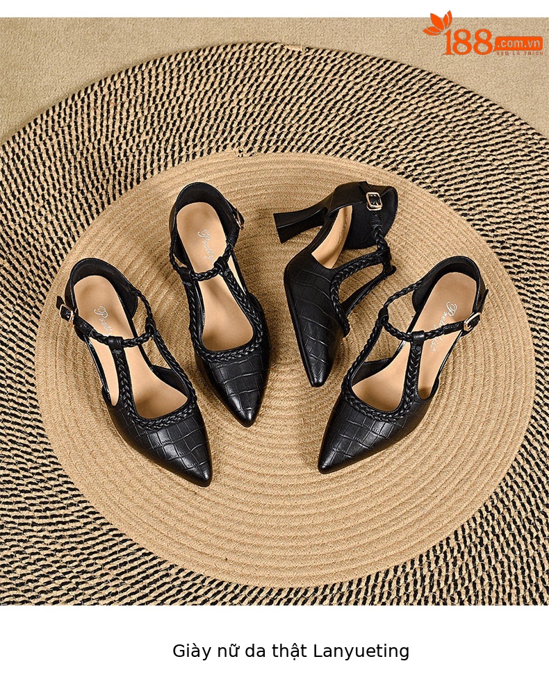 Giày sandal cao gót nữ mũi nhọn quai ngang da thật gót 7 cm — Màu đen - 7cm chi tiết 8