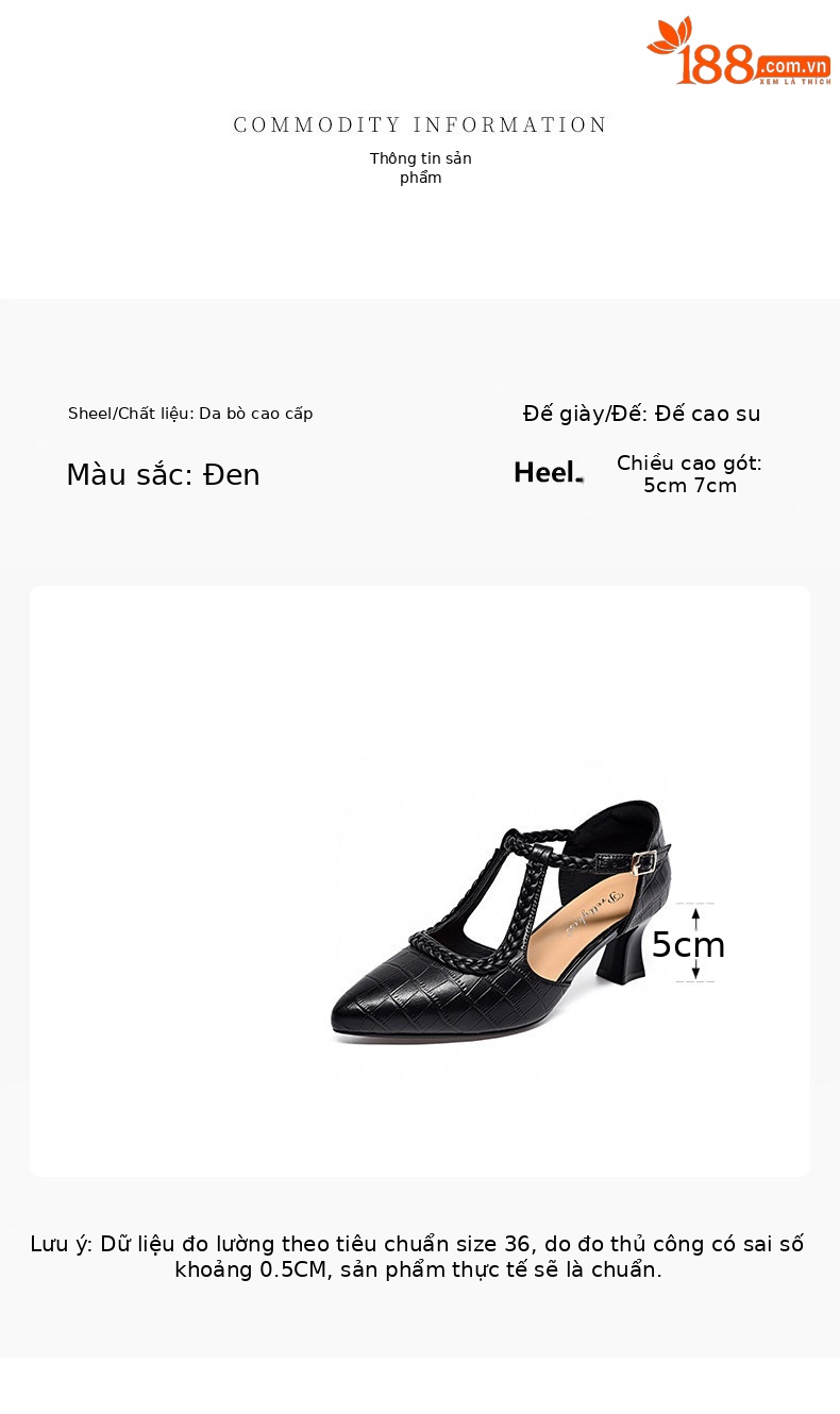 Giày sandal cao gót nữ mũi nhọn quai ngang da thật gót 7 cm — Màu đen - 7cm chi tiết 1