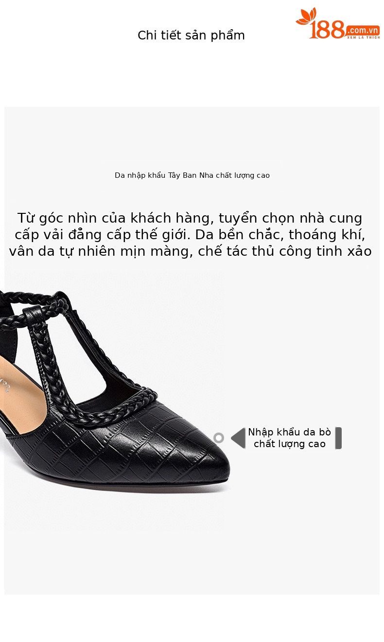 Giày sandal cao gót nữ mũi nhọn quai ngang da thật gót 7 cm — Màu đen - 7cm chi tiết 2