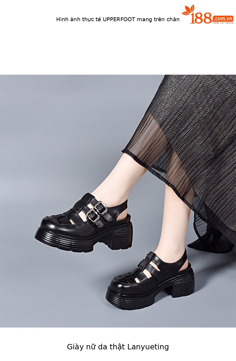 Sandal nữ da thật mũi tròn gót thô đế dày kiểu La Mã quai dệt rỗng — màu đen chi tiết 3