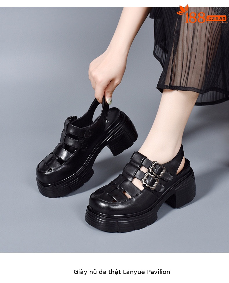 Sandal nữ da thật mũi tròn gót thô đế dày kiểu La Mã quai dệt rỗng — màu đen chi tiết 5