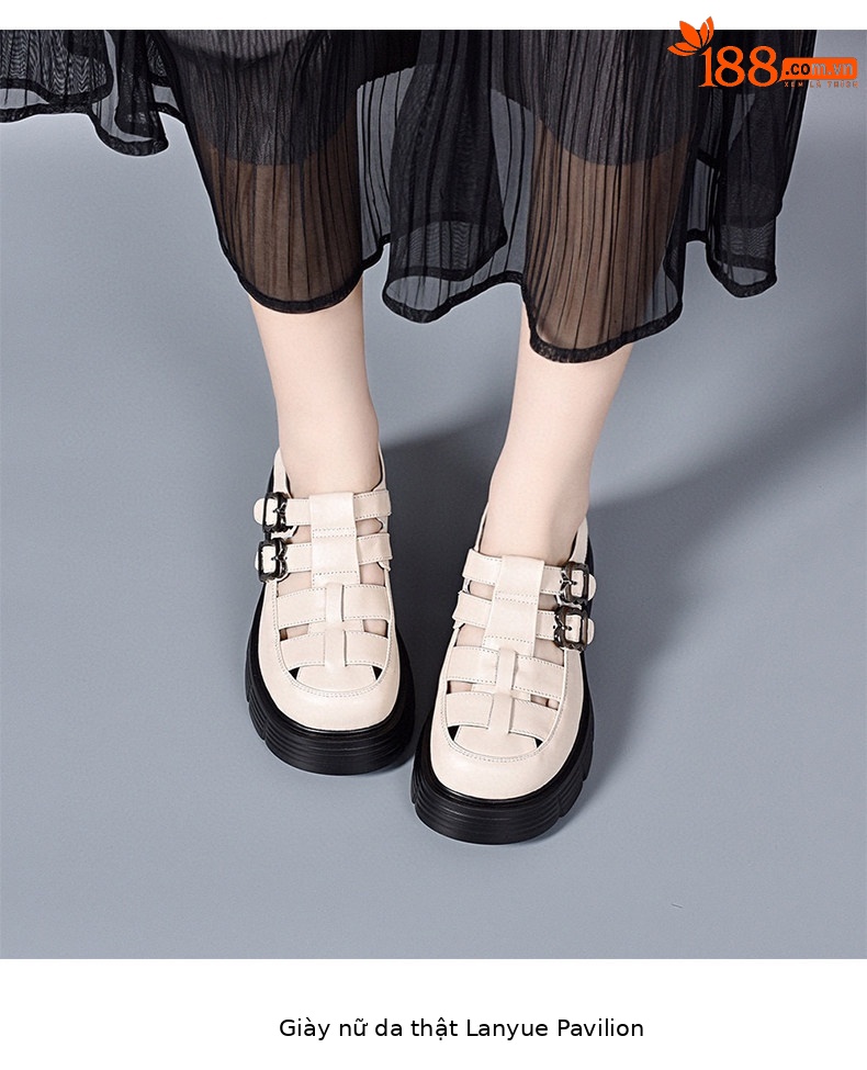 Sandal nữ da thật mũi tròn gót thô đế dày kiểu La Mã quai dệt rỗng — màu đen chi tiết 6