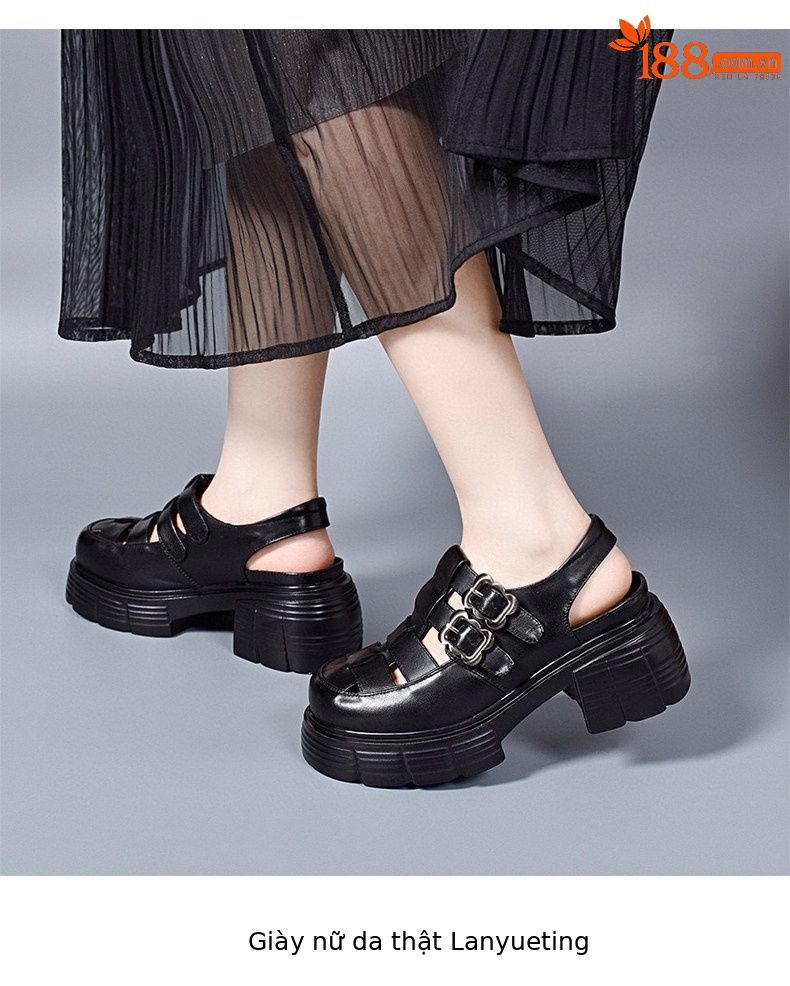 Sandal nữ da thật mũi tròn gót thô đế dày kiểu La Mã quai dệt rỗng — màu đen chi tiết 7