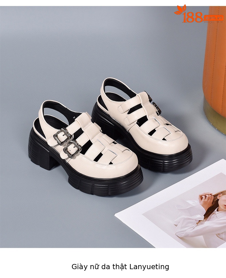 Sandal nữ da thật mũi tròn gót thô đế dày kiểu La Mã quai dệt rỗng — màu đen chi tiết 8
