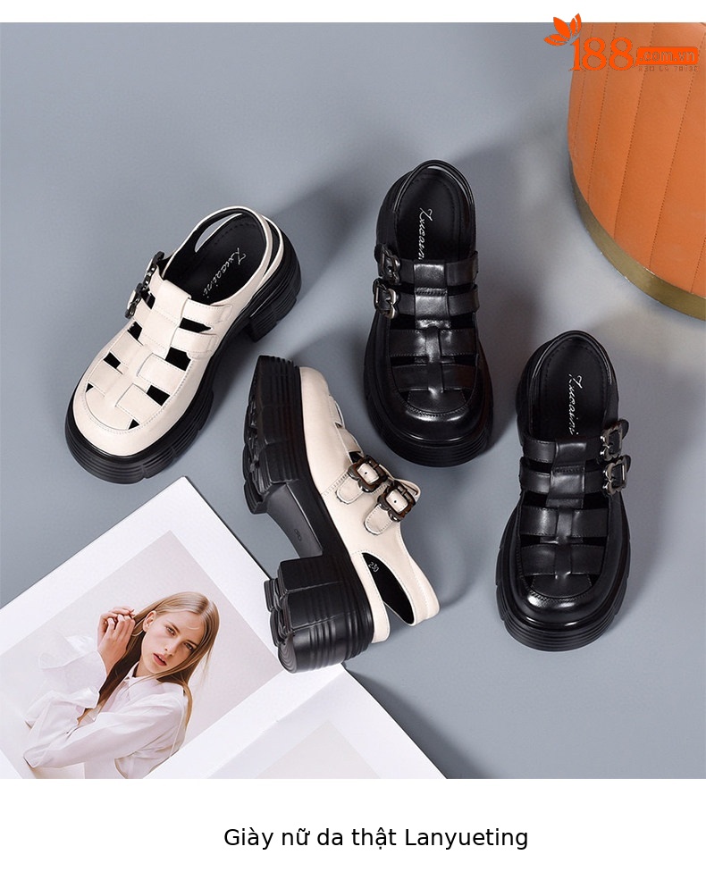 Sandal nữ da thật mũi tròn gót thô đế dày kiểu La Mã quai dệt rỗng — màu đen chi tiết 9