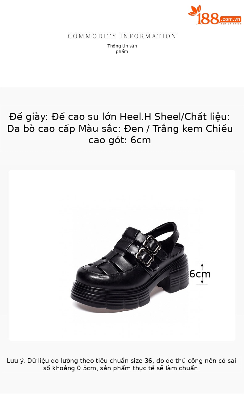 Sandal nữ da thật mũi tròn gót thô đế dày kiểu La Mã quai dệt rỗng — màu đen chi tiết 1