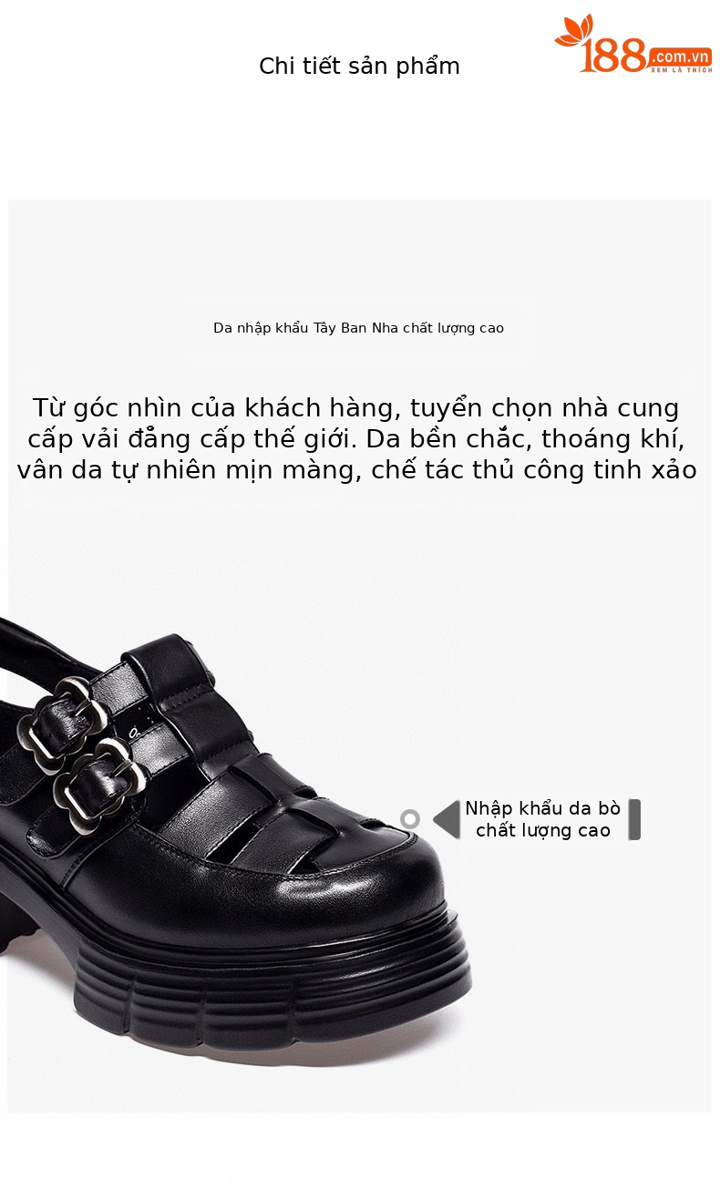 Sandal nữ da thật mũi tròn gót thô đế dày kiểu La Mã quai dệt rỗng — màu đen chi tiết 2