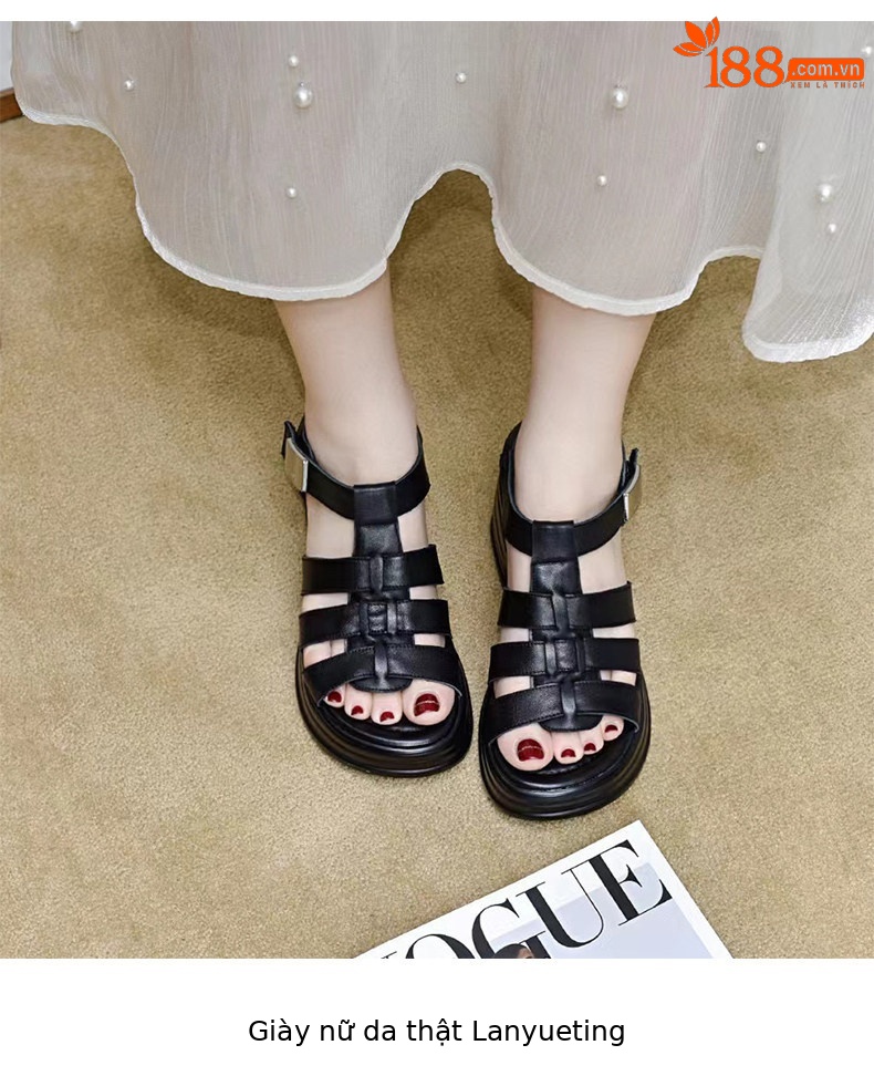 Sandal nữ da thật đế dày hở mũi quai ngang gót thô phong cách La Mã — màu đen chi tiết 4