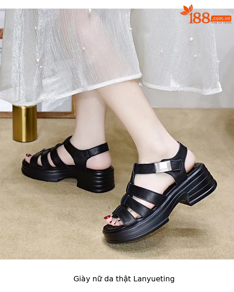 Sandal nữ da thật đế dày hở mũi quai ngang gót thô phong cách La Mã — màu đen chi tiết 6
