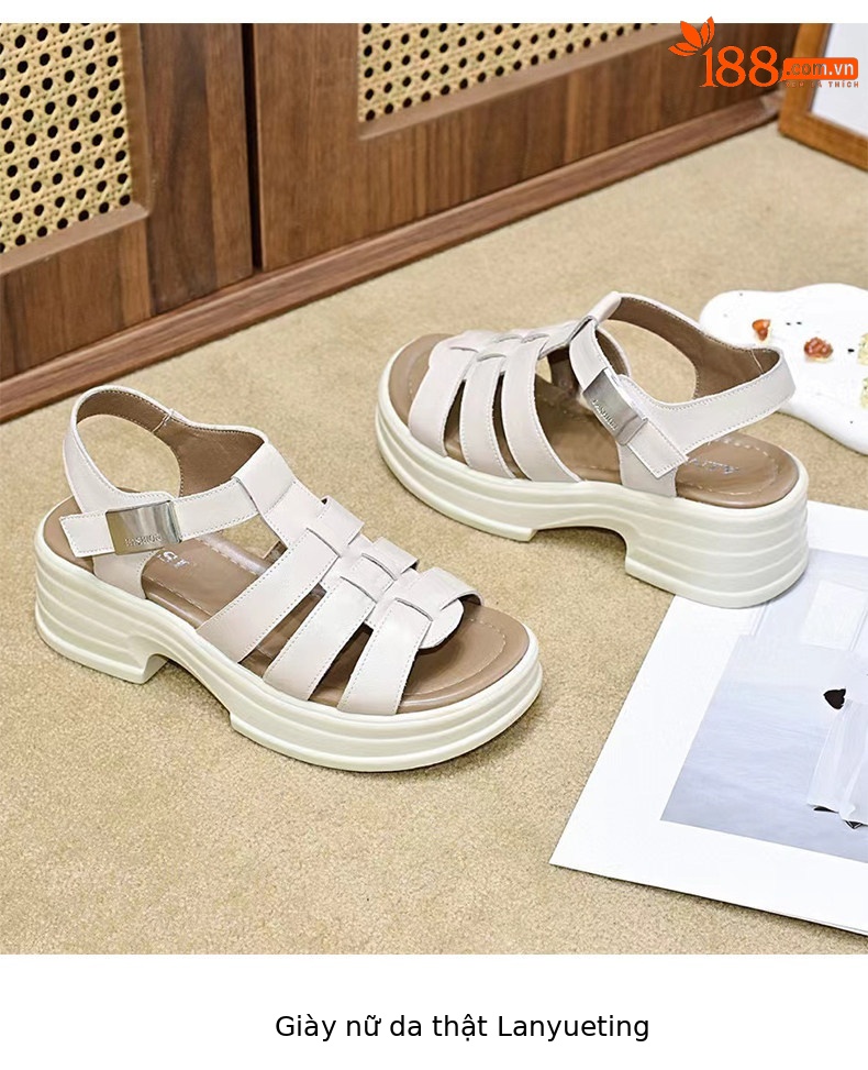 Sandal nữ da thật đế dày hở mũi quai ngang gót thô phong cách La Mã — màu đen chi tiết 8