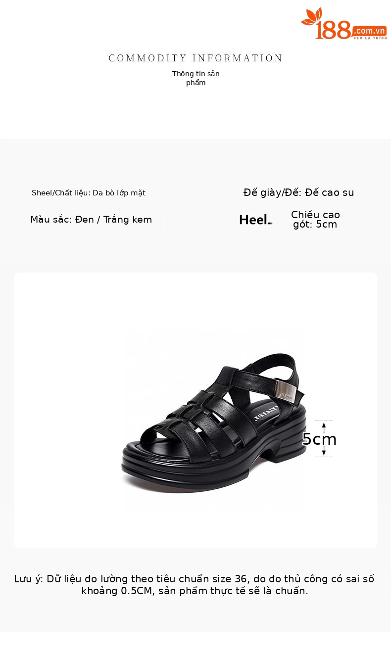 Sandal nữ da thật đế dày hở mũi quai ngang gót thô phong cách La Mã — màu đen chi tiết 1