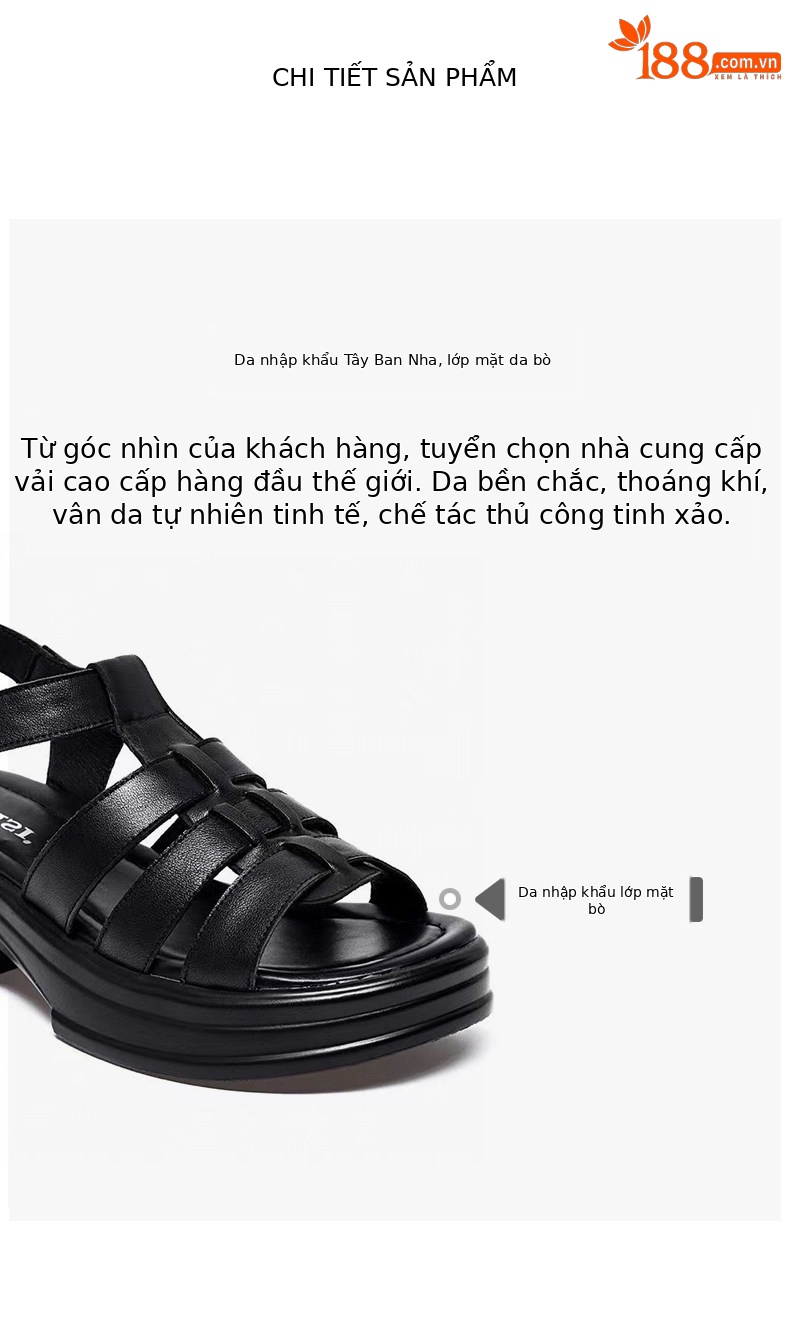 Sandal nữ da thật đế dày hở mũi quai ngang gót thô phong cách La Mã — màu đen chi tiết 2
