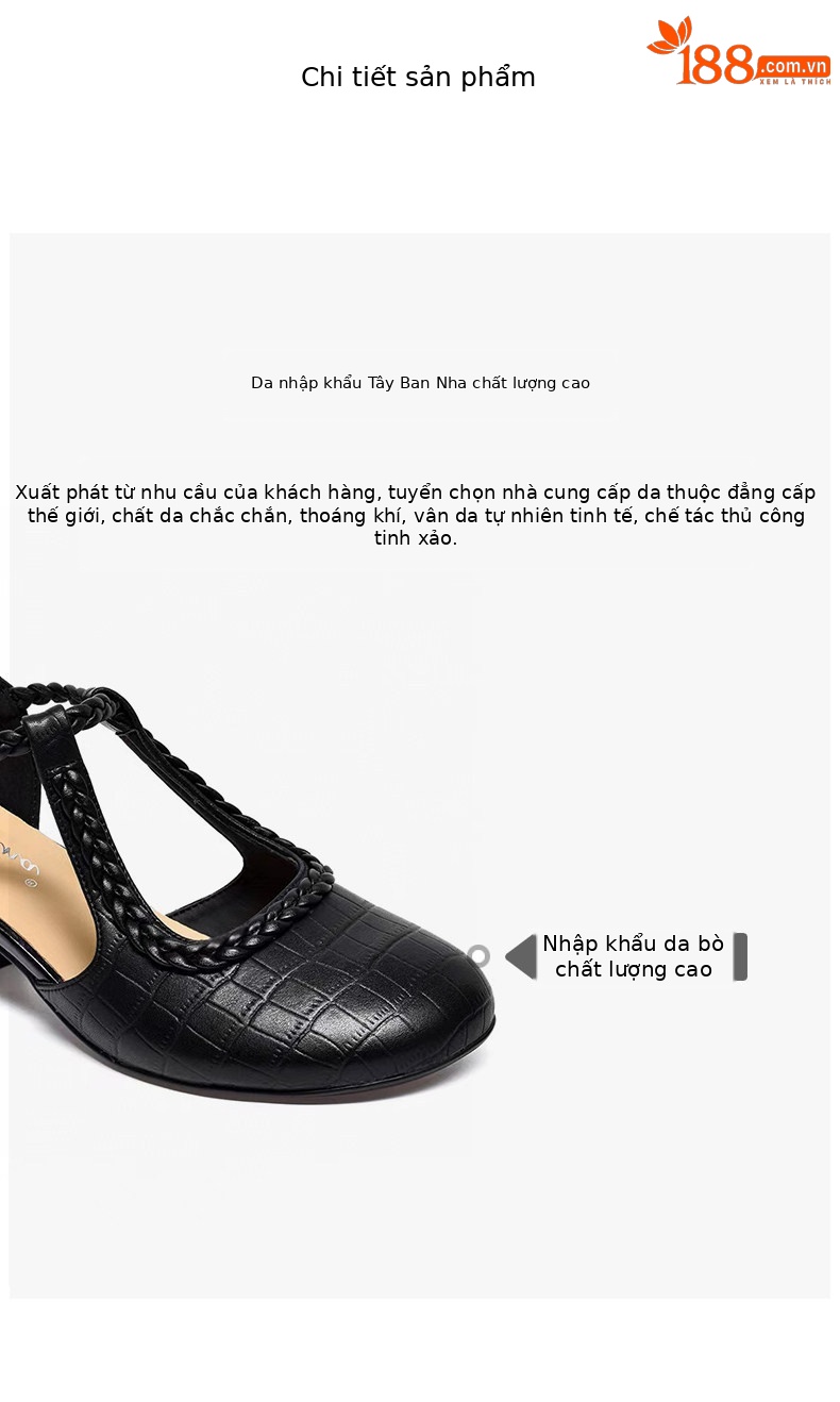 Sandal nữ quai ngang mũi tròn miệng cạn gót vuông phong cách La Mã — màu đen chi tiết 2