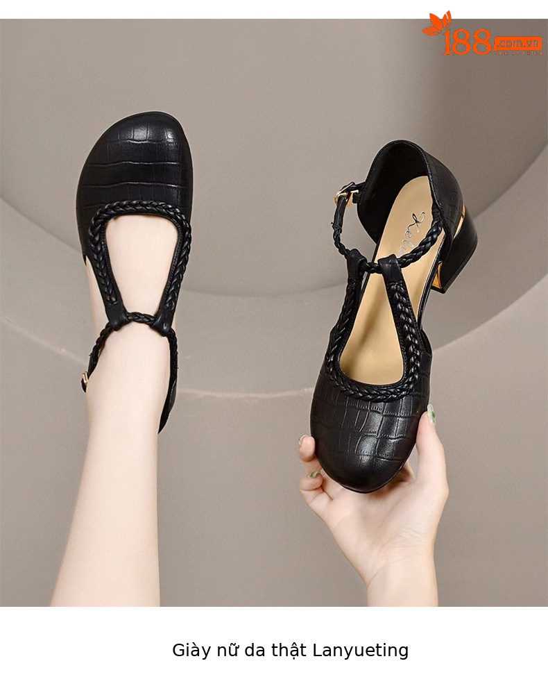 Sandal nữ quai ngang mũi tròn miệng cạn gót vuông phong cách La Mã — màu đen chi tiết 6