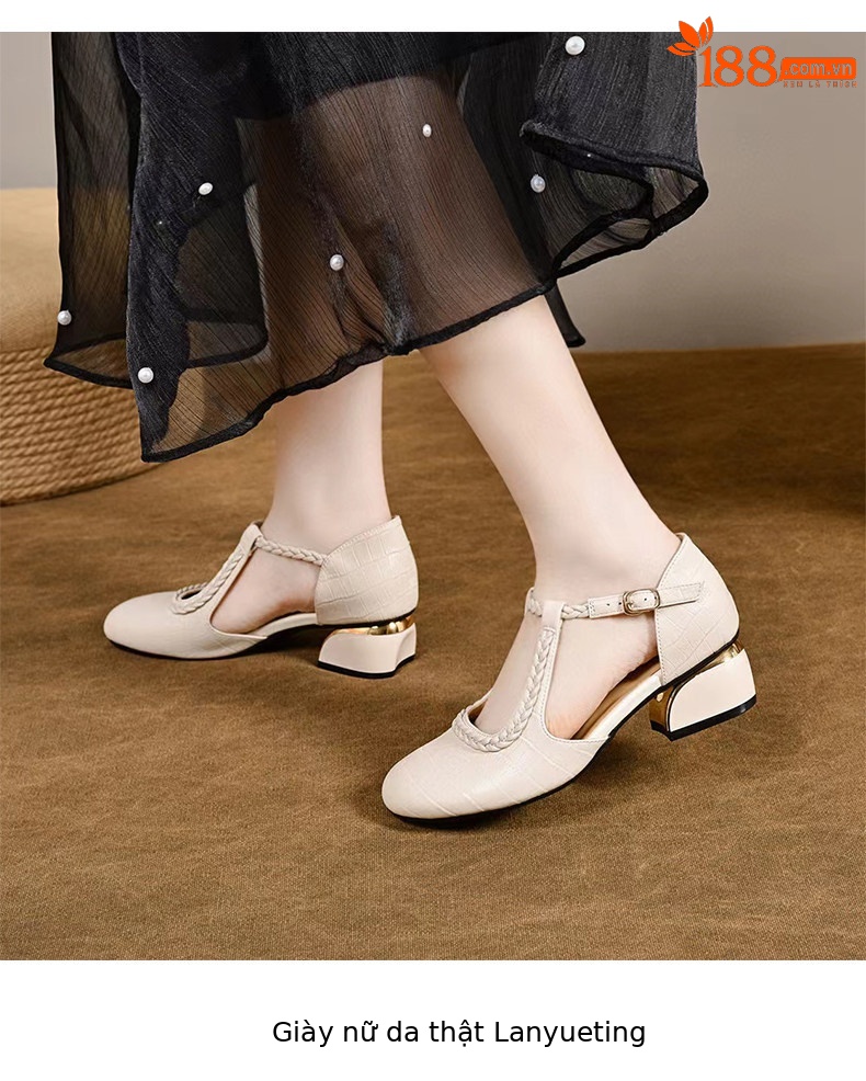 Sandal nữ quai ngang mũi tròn miệng cạn gót vuông phong cách La Mã — màu đen chi tiết 7