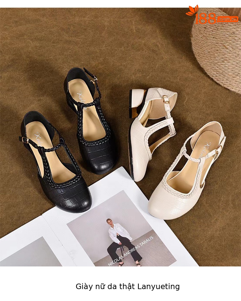 Sandal nữ quai ngang mũi tròn miệng cạn gót vuông phong cách La Mã — màu đen chi tiết 9