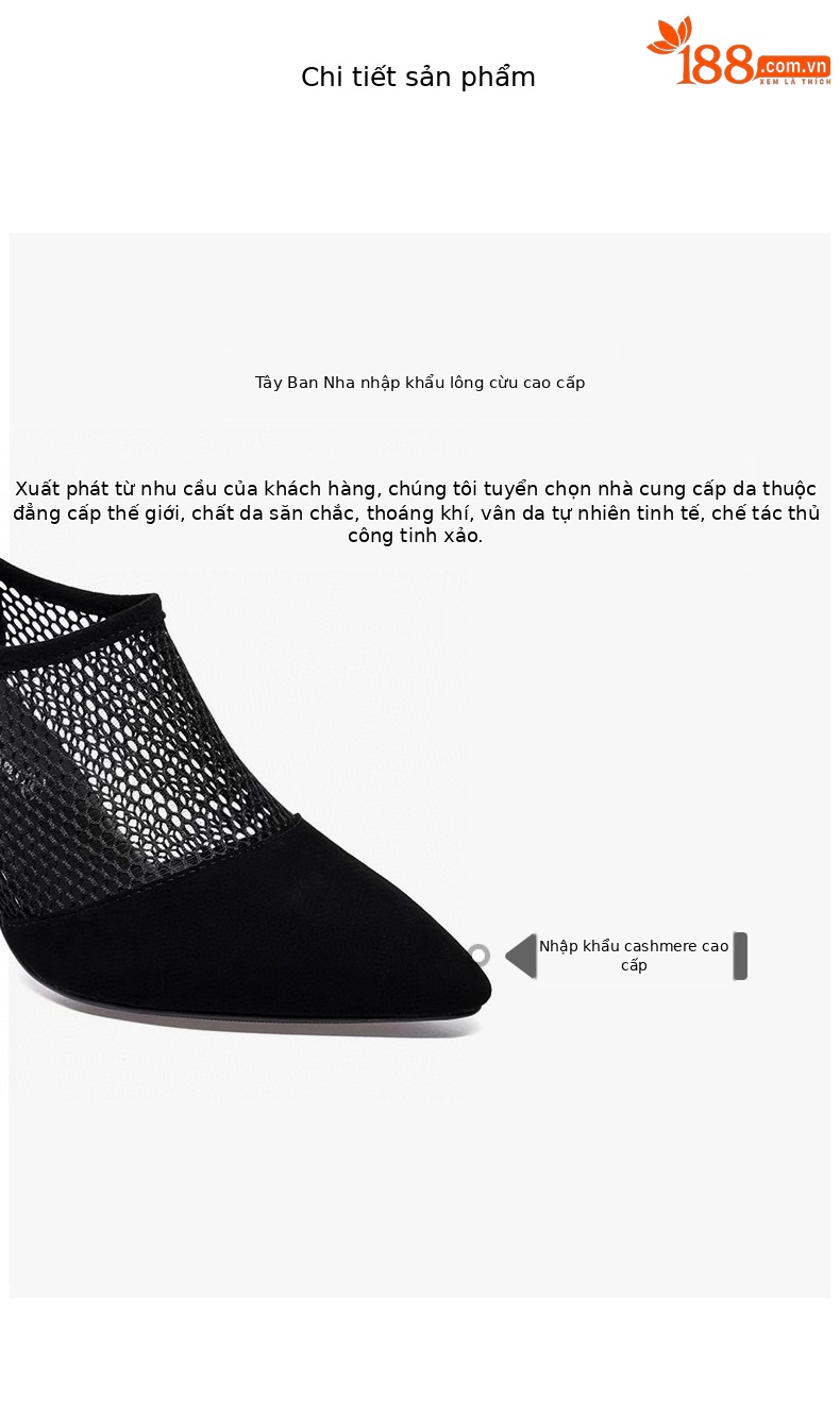 Giày sandal cao gót nữ mũi nhọn hở ngón, chất liệu da thật kết hợp lưới thoáng khí, gót 7 cm — Màu đen - 7cm chi tiết 2