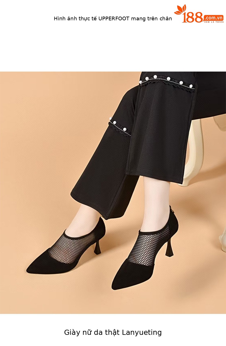 Giày sandal cao gót nữ mũi nhọn hở ngón, chất liệu da thật kết hợp lưới thoáng khí, gót 7 cm — Màu đen - 7cm chi tiết 3