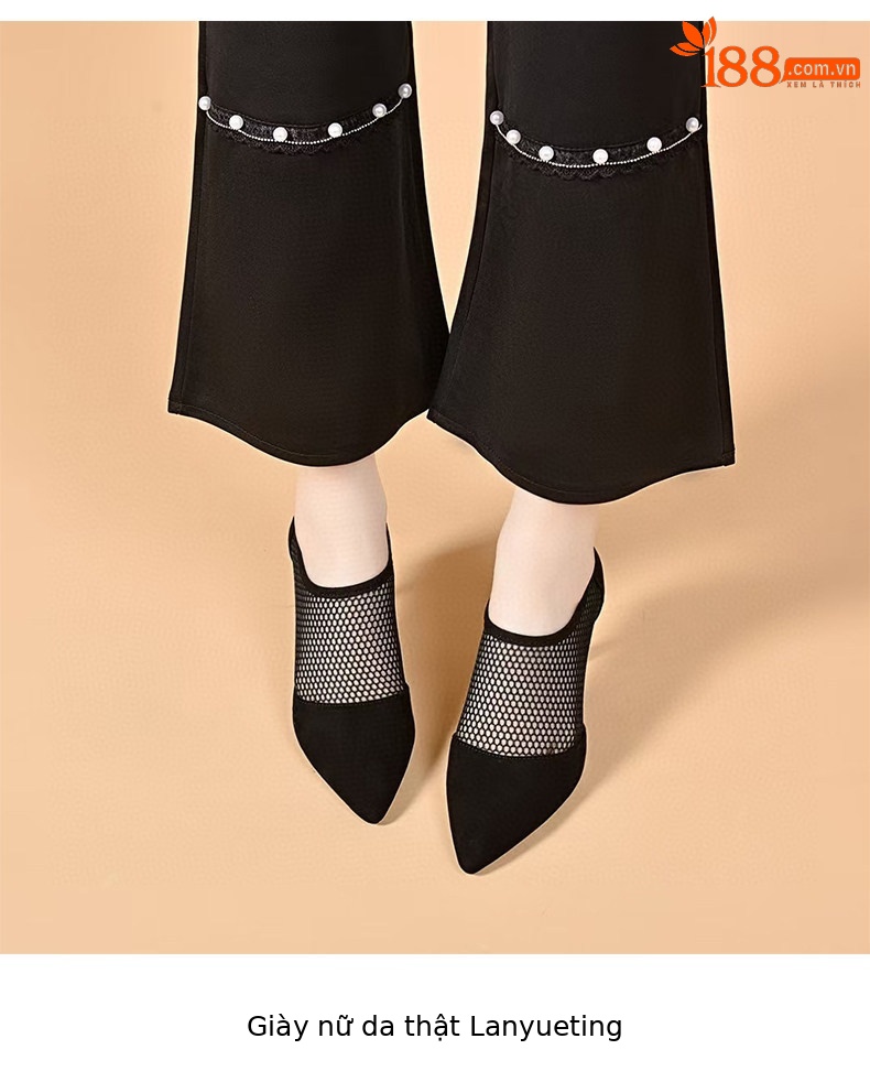 Giày sandal cao gót nữ mũi nhọn hở ngón, chất liệu da thật kết hợp lưới thoáng khí, gót 7 cm — Màu đen - 7cm chi tiết 4